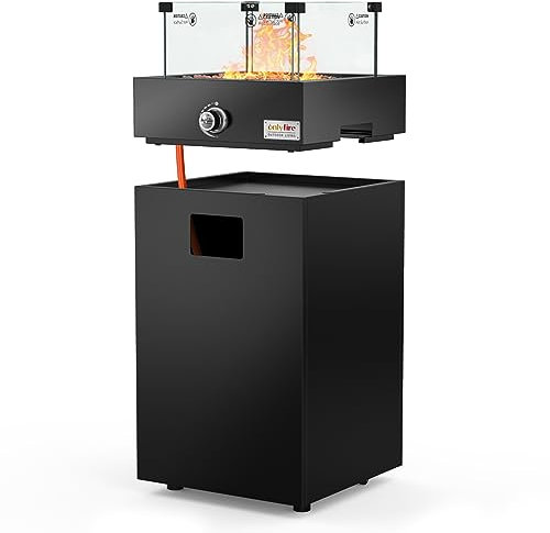 Onlyfire Quadratische Gas-Feuerstelle, abnehmbarer Terrassenstrahler für den Außenbereich mit Lavasteinen, Glas-Windschutz und Rädern, für Terrasse, Hinterhof, Outdoor, Restaurant, 6,85 kW