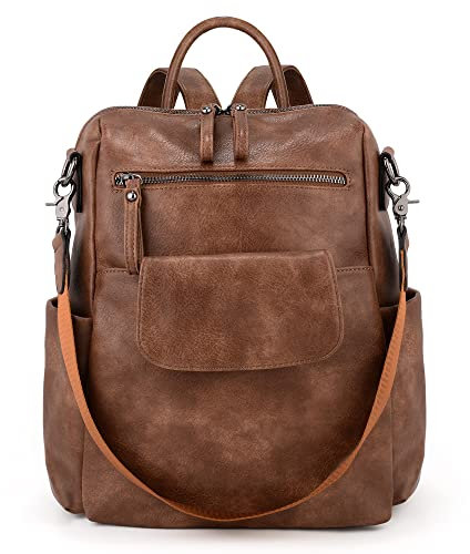 UTO Backpack Womens Vegan Leather Ladies Rucksack Bag Travel Shoulder Handbag Yellowish-brown