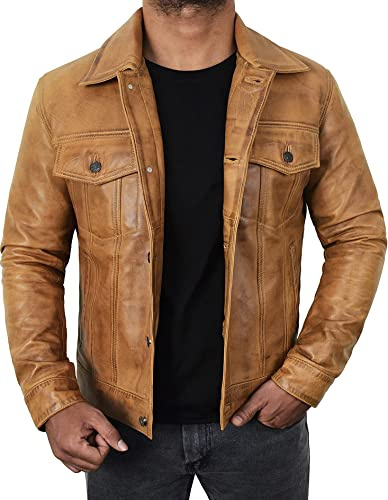 Harrington - Chaqueta de camionero de cuero genuino para hombre, cuello de camisa, chaqueta de cuero de vaquero occidental, M
