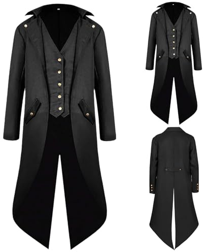NFAOEGJ Men Medieval Tailcoat Steampunk Victorian Costume Mens Medieval Gothic Vintage Jacket Halloween Costume (Black, XXL)