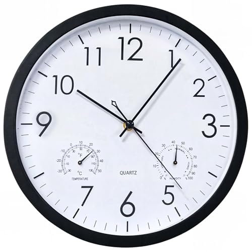 Harewu 30cm Wanduhr Ohne TickgeräUsche Lautlos Analog Modern, Rund DekorativeWanduhr, Wetterfest Mit Thermometer Und Hygrometer, Wanduhr Groß Für Drinnen Und Draußen 12 Zoll Schwarz
