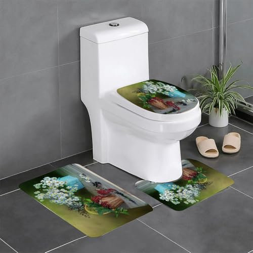 AELKSP Badezimmerteppich Set 3 Teilig,Wildblumen und reife rote Beeren in einem Korb.,rutschfest Waschbar Badvorleger Set,Saugfähig Badematte Badteppich Set mit