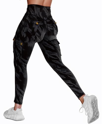 Nuofengkudu dam hög midja sportbyxor leggings med fickor, Z-svart B, XL