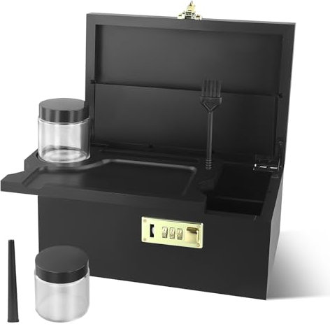 QCXWCJWD Large Bamboo Storage Box with Combination Lock, Wooden Decorative Box with Rolling Tray and 2 Glass Storage Jars Brush, Accessory Tools for Storing Items Home Great Gifts, Black