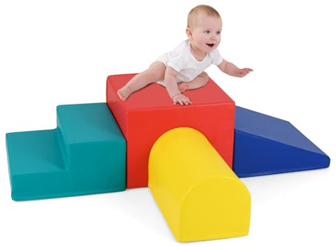 COSTWAY 4 TLG. Schaumstoffbausteine, Softbausteine zum Klettern und Toben, Riesenbausteine aus Schaumstoff, Großbausteine Bauklötze Indoor für Babys und Kleinkinder (Rot+Blau)
