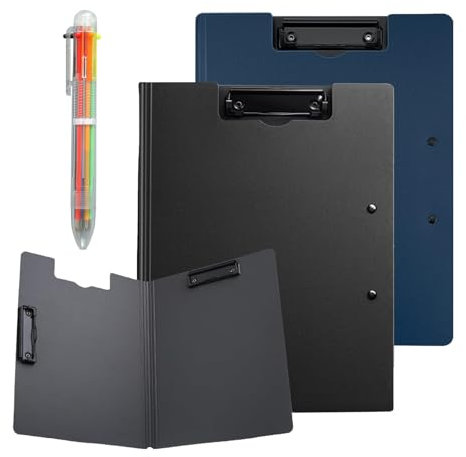 Klemmbrett A4, 2 Stück Klemmmappe A4 mit Doppelclip Kunststoff Und Ein transparenter 6-Farben-Kugelschreiber, Klemmbretter Foldover für Geschäft, Büro, Schule, Restaurant (Schwarz und Blau)