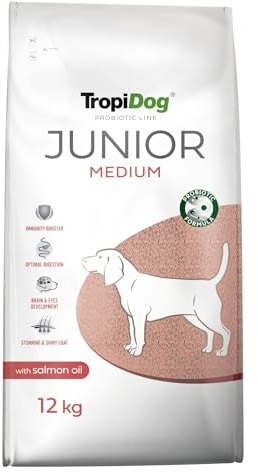 Nourriture sèche pour Chiots Moyens (2-12 Mois) avec probiotiques, Huile de Saumon et oméga-3 pour l’immunité et la Digestion - TropiDog Junior Medium 12kg