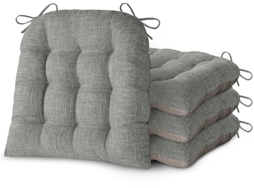 FlyGulls Chair Cushions for Dining Chairs Set of 4 Durable D-Shaped Seat Cushions with Non-Slip Backing Secure Ties Thick Cozy Seat Pad for Kitchen Dining Room Office(46x42x7.6cm Light Grey)