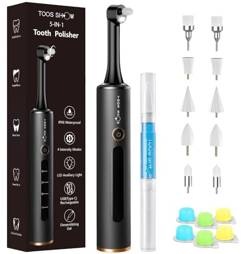 Tooth Polisher with Remineralization Gel, USB Rechargeable Teeth Whitening Kit for Cleaning and Whitening, 6 Polishing Pastes, 5 Brush Heads, LED Light, Travel Case, 4 Speeds, Easy at-Home Dental Care