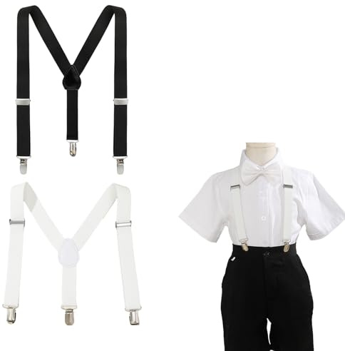 Sndperiexam 2 Pcs Child Kids Girls Boys Suspenders Braces, Adjustable Clip on Y-Back Elastic Suspender with Metal Clips for Boy Girls Boys' Suspenders Accessories,(White & Black)