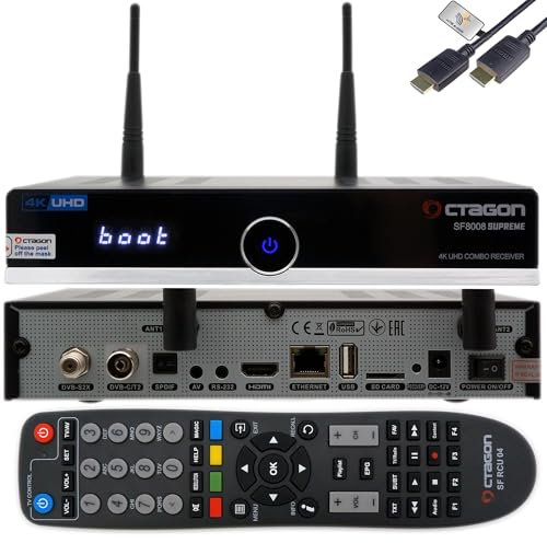 Octagon SF8008 4K Combo Supreme V3 UHD E2 1xDVB-S2X, 1x DVB-C/DVB-T2, Linux PVR Sat Receiver, WiFi Double Bande 2,4/5G, LAN 1 Gbit, Interface M.2, BT 5.1, télécommande IR, câble HDMI HTS e-com