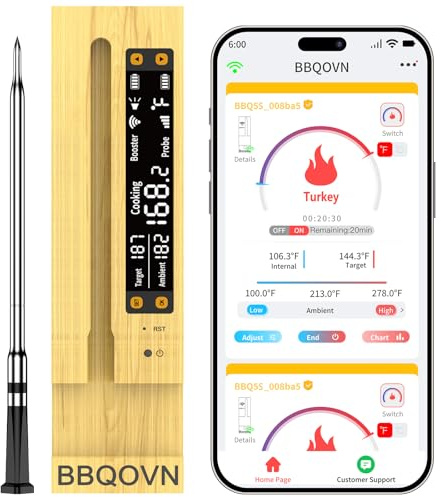BBQOVN WiFi Sub-1G Wireless Meat Thermometer Unlimited Range with Digital Smart Base 7 NIST Certified Sensors with Ambient Temp Monitor for BBQ, Grill,Oven, Smoker(1, Black, Small)