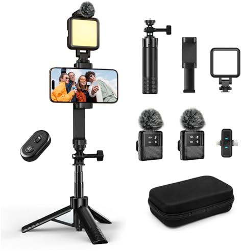 yAyusi Kit Vlogging para iPhone, Kit para Youtubers, Incluir Trípode 2 en 1, Luz LED, Micrófono con Estuche de Almacenamiento, Ideal para Entrevistas Callejeras y Grabación de Vlog
