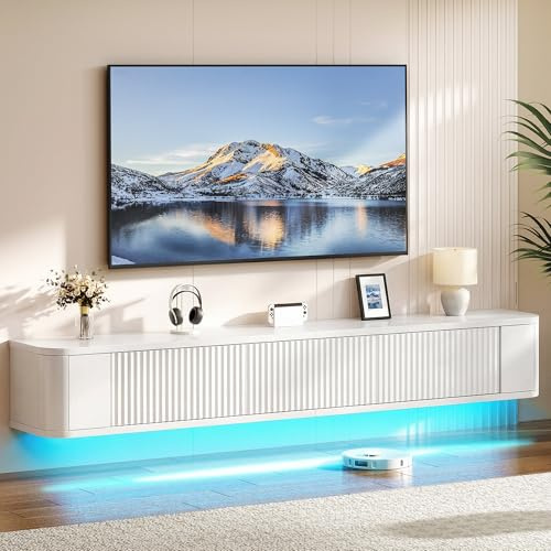 YITAHOME 180cm Floating TV Stand, Wall Mounted TV Shelves With RGB Led Light, White High Gloss TV Media Console, Floating TV Cabinet Large Storage For Living Room and Bedroom
