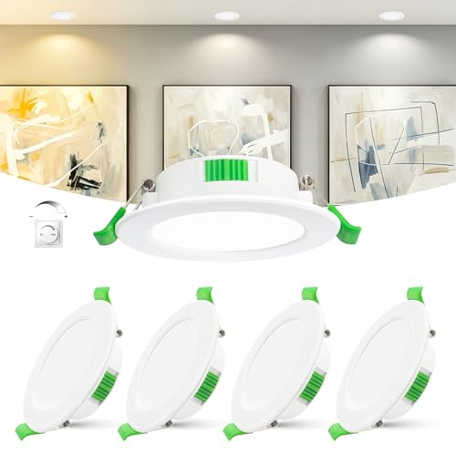 Laiebri Lot de 4 Spots LED Encastrables Extra Plat 25mm, 6W Dimmable 0-100% avec Variateur, 2700K/4000K/6000K, IP44 Spot Salle de Bain, CRI 90, Découpe Ø55-68mm, 230V, Blanc