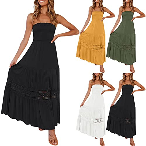 Générique Robe Bustier Bandeau pour Femme - Robe d'été Longue bohème sans Manches de soirée avec imprimé - Couleur Unie - Taille Haute de Plage rétro décontractée