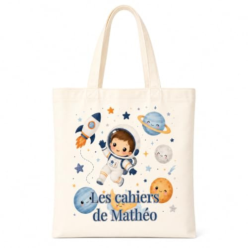 Générique Sac à Cahiers Personnalisé avec Prénom - Tote Bag École 30 x 35 cm - Sac pour Cahier de Vie, Cahier de Liaison et Livres - Polyester Résistant - Lavable - Fabrication Française, Espace