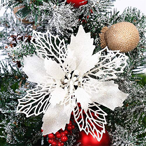 GLITZFAS 12 Stück Glitter Weihnachtsbaum Dekoration, Weihnachtsbaumschmuck Ornament Weihnachten Blumen Dekor, Christbaumanhänger (Weiß,16 cm)