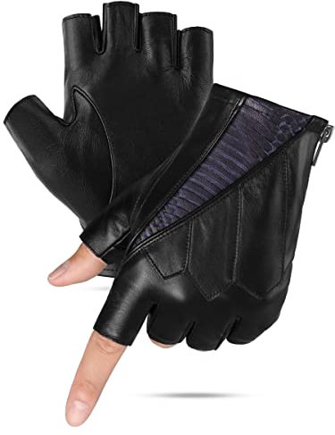 GSG Fingerlose Lederhandschuhe Herren Ungefüttert Halbfingerhandschuhe Echtes Leder Schwarz-blau XL