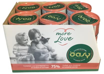 Oasy More Love cibo umido naturale per Gatti adulti gusto Tonno con Gamberetti. Confezione da 24 scatolette (1 scatoletta = 70 gr.) Formulato senza glutine