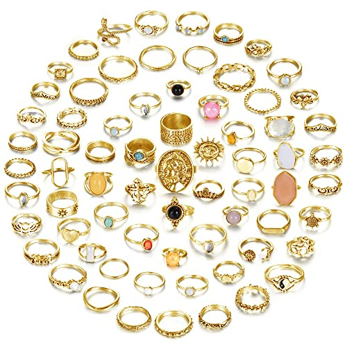 JeryWe Set di 70 anelli vintage in argento con cristalli, per nocche da donna, anelli impilabili in stile bohémien, stile retrò, bohémien, impilabili, Metallo, Turchese