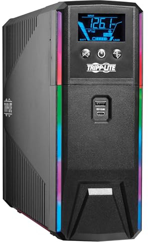 Tripp Lite Pure Sine Wave Gaming UPS Battery Backup, 1500VA 900W 120V, Detachable LCD, Automatic Voltage Regulation, USB, RGB LED Lights, 3-Year Warranty & $250K Insurance (SMART1500PSGLCD)