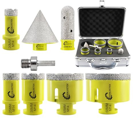 SANLEETEK Diamant Fliesenbohrer Set 8 Stücke (20/25/35/55/68mm+20mm Fingerfräser+50mm Fasenbohrer+Sechskant Adapter) Diamant Lochsäge für Keramische Fliesen Porzellan Marmor Granit M14 Gewinde