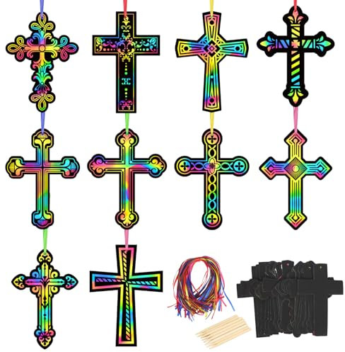 HONMOK 50PCS Kratzpapier Kreuz Bastelset, Kreuze scratch art für Kinder, Osterkreuz Regenbogenkratzbilder, DIY Scratch Bastel Set, Kreuz Ornament zum hängen für Mädchen Jungen Osterndeko Osterparty