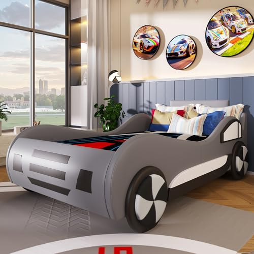 Lettino per bambini e bambine a forma di auto, con superficie da 90 x 200 cm, spazio di archiviazione inferiore, per dormire sicuri e protetti, dalla forma originale, colore grigio