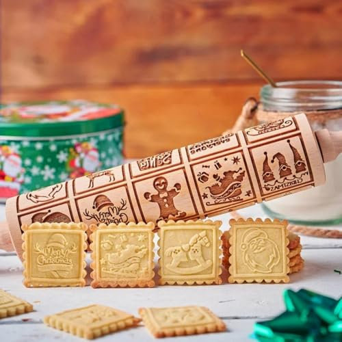 HEKOBAG Christmas Wooden Rolling Pin, Baking Embossed Pins with Deep Engraved Patterns - DIY Cookie Press Featuring Festive Elements with Christmas Elements Pattern for Baking Embossed Cookies