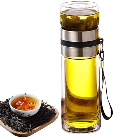 Botella infusora de té de vidrio, taza de té a prueba de fugas, botella de agua con infusor, taza de té de doble pared, botella de té de separación de agua para hombres, ideal para té suelto