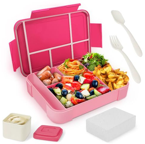 XIKAYA Contenitore per il pranzo per bambini con scomparti,Lunch Box con Posate,scatola per il pranzo a prova di perdite,1330ml Schiscetta Pranzo Bambini Adulto,Lavoro Picnic Ufficio Bento Box (rosa)