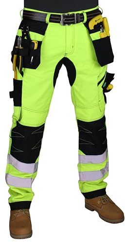 HASHOOB TRADING FZE Men’s Hi Vis Work Trousers Multi Pocket with Hi viz Tape Cargo Trousers Workwear Pants (10-PR1, 32W X 32L)