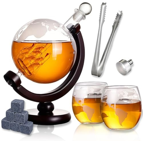 Whiskey Decanter and Glass Set,Global Decanter,Decanter with 2 Wine Glasses and 6 Ice Stones,Glass Gift Sets for Wine Whiskey Scotch Vodka