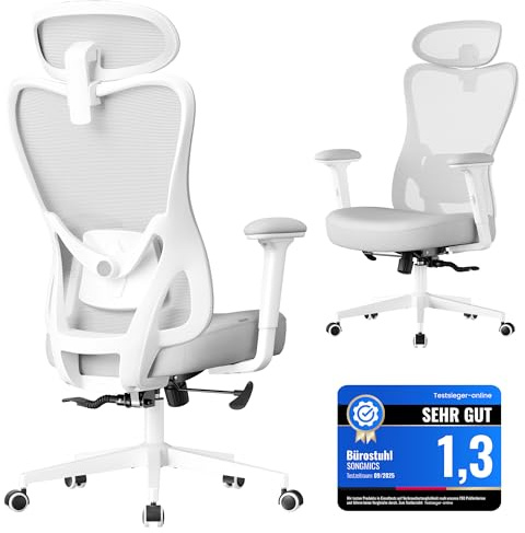 SONGMICS Silla de Oficina Ergonómica, Silla de Escritorio, con Reposacabezas y Soporte Lumbar Ajustables, Carga de 150 kg, Altura Ajustable, Gris Paloma OBN066GD01