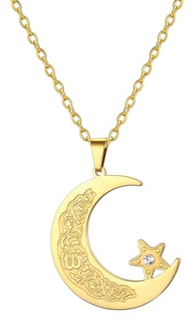 EUEAVAN Islamisk ayatul kursi, halsband, muslimsk halvmåne och stjärna, hänge, arabisk kalligrafi, Allah, amulett, religiöst smycke, Eid Ramadan, present för kvinnor och män