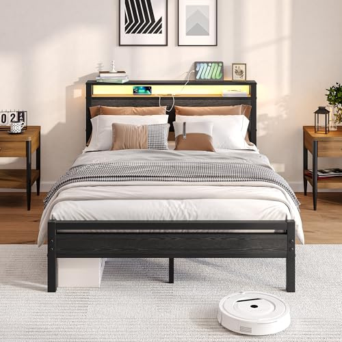 BORPHOM Marco de cama con estación de carga, iluminación LED, cama doble de invitados, cama de metal, 140 x 190 cm, estructura de metal, cama juvenil con somier, cabecero en negro, para dormitorio o