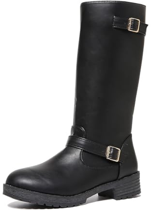 Botas de invierno para mujer con correa de cuero y cremallera lateral, botas de altura media, botas cómodas, pantalones de barro con, Negro , 39 EU