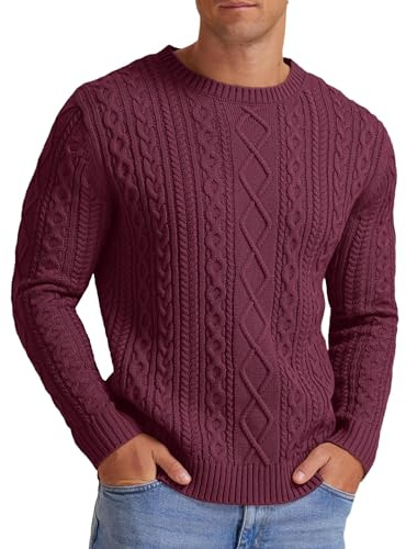 Hisir Men's Cable Knit Jumpers Winter Casual Crew Neck Thick Warm Long Sleeve Sweater Pullover Tops for Men UK (Wine Red, L)