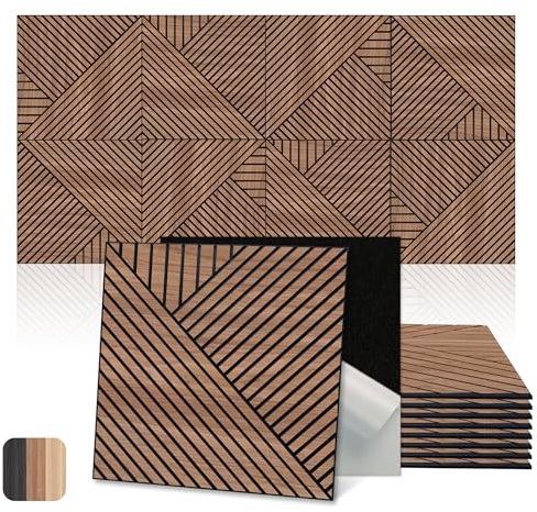 Mollywell Art Acoustic Wall Panels, 60x60 cm 8 Pack, Wood Veneer, Sound Absorbing Self-Adhesive Wall Decor, Thread and Prism Woven Patterns, Walnut, for Home & Studio