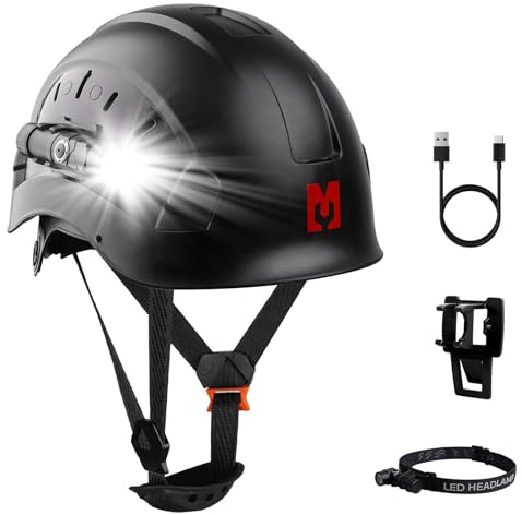 Mustbau Hard Hat with Head Torch, EN397 Certified Safety Helmet with LED Flashlight, Rechargeable USB-C Headlamp, Adjustable 53-63 cm, Hard Hats Helmet for Construction, Forestry & Industrial Work