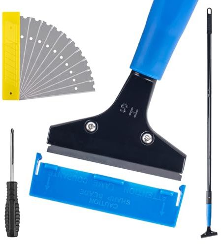 Tapetenentferner mit 10 Klingen, Schwer Tapetenschaber mit Gummigriff, 116cm Teleskopstiel, Glasschaber Zum Reinigen von Glaswänden, Kaugummi, Farbe, Fliesen, Kleber, Linoleum, Robust