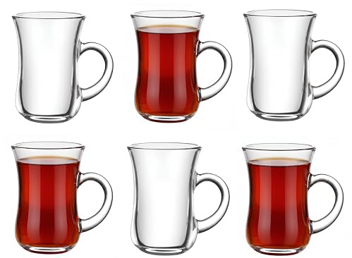 UNIQUE CRAFTS Turkish Tea Glasses Set of 6 - Latte Cappuccino Tea Cups with Handle - 145 ml Footed Glass Coffee Mugs for Hot Cold Beverages Drinks