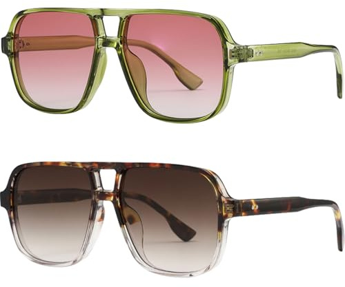 Fjquamitix 2 Pack Retro Square Sunglasses Womens Mens Oversized Vintage Polarised Sunglasses PC Double Bridge Sun Glasses UV400 Protection Travel Driving Outdoor (2, Green/Red+Flower/Brown)