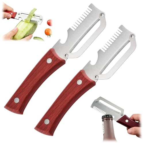 2 pelaverdure multifunzione con manico in legno, funzione 3 in 1, apribottiglie e grattugia per patate, zucca, mele e altre frutta e verdura