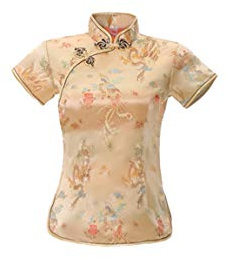 ACVIP Qipao Haut à manches courtes et col montant pour femme Motif dragon Phoenix, or, 40