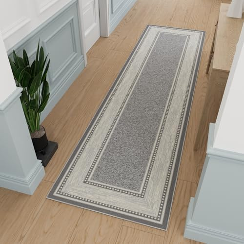 Ottomanson Hallway Runner Rug 2'7 x 9'6 Non Slip Border Area Rugs Easy to Clean Laundry Rug Runner Durable & Pet Friendly Floor Carpet Runners for Hallways Entryway Living Room Kitchen, Light Gray