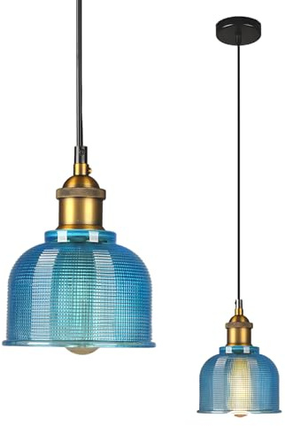 LFsem Vintage Industrielle Pendelleuchte Bunte Glas Lampenschirm Decken Leuchte E27 Loft Hängelampe Suspension Beleuchtung Für Restaurants Bar (Blau)