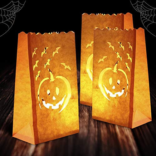 Homemory 24 Pack Halloween Luminary Bags, Flame Resistant Luminaries, Orange Tea Light Candle Bags for Halloween Decoration, Parties, Fall Festival