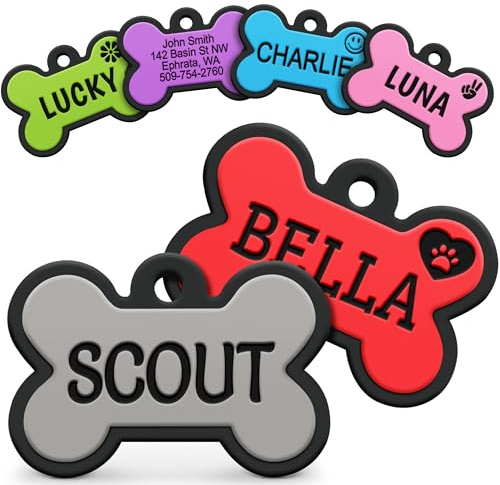GoTags Silicone Dog Tags, Soundless Pet Tag, Personalized Silent Tag Engraved for Pets with Cute Custom Designs, for Dogs and Cats, (Bone, Gray)